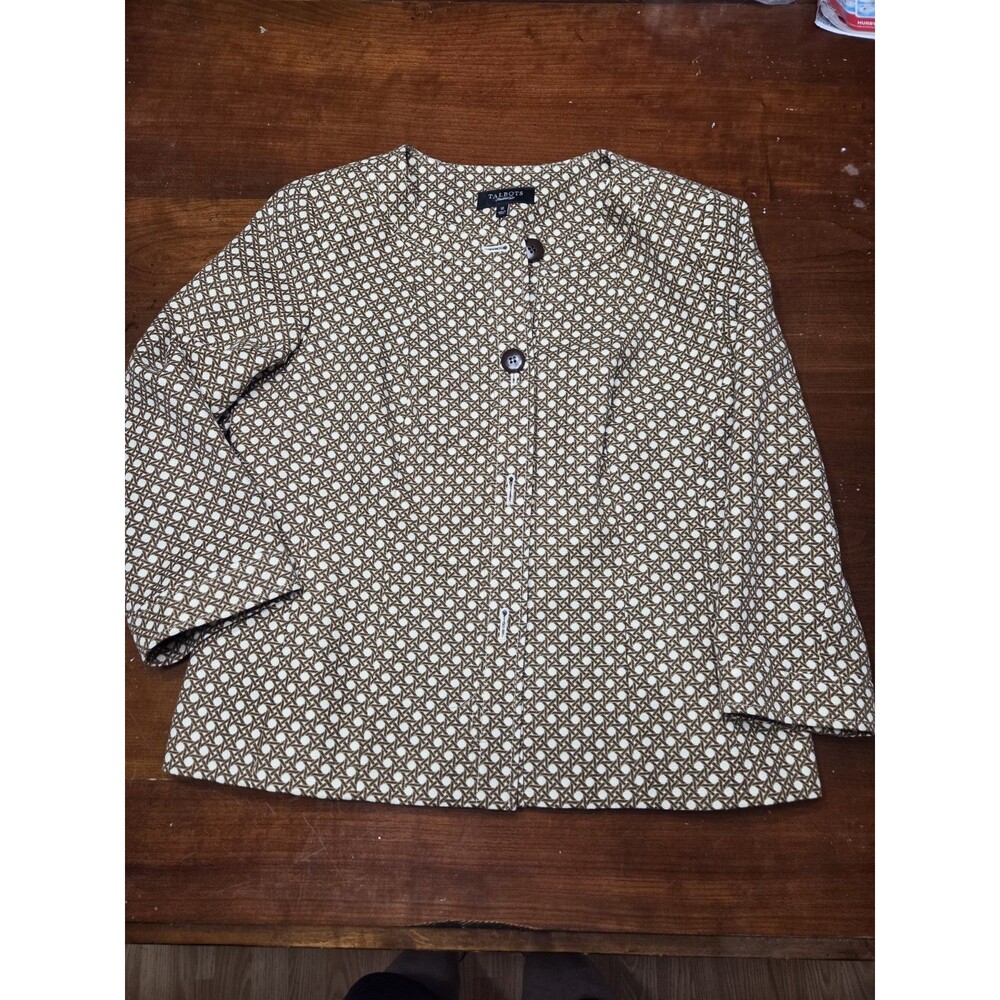 Talbots Women's 12 Brown White Geometric Print Button Front Blazer Jacket 3/4